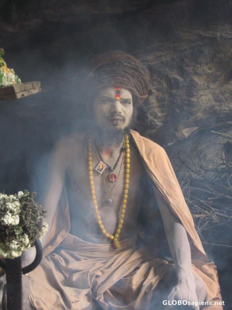 Postcard Saddhu in cave.