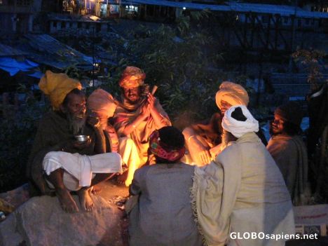 Postcard Sadhus prepare for the night