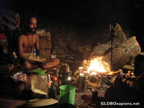 Postcard Saddhu in cave.