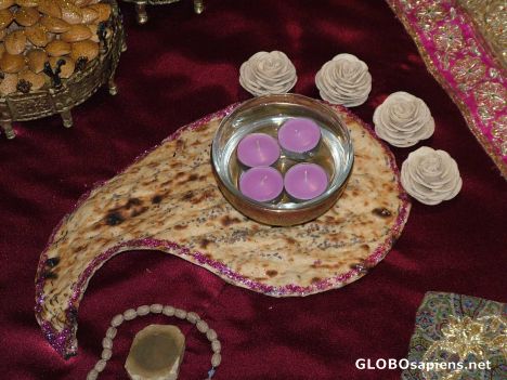 Postcard bread and candles on water in wedding cloth