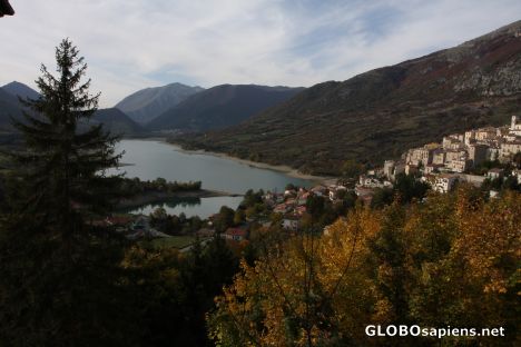 Postcard the artificial lake, Barrea, Italy