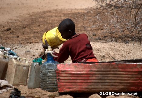 Postcard Filling the bottles from the waterhole