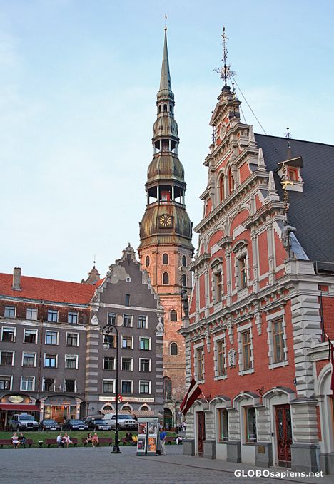 Postcard House of the Blackheads and spire of St Peter's