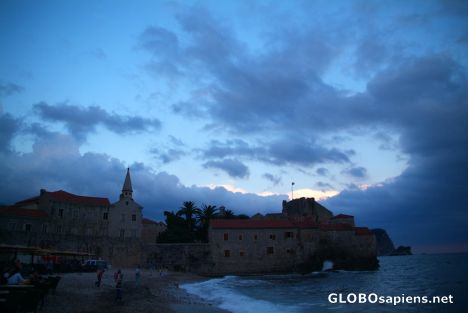 Postcard Budva (ME) - old town beach after sunset
