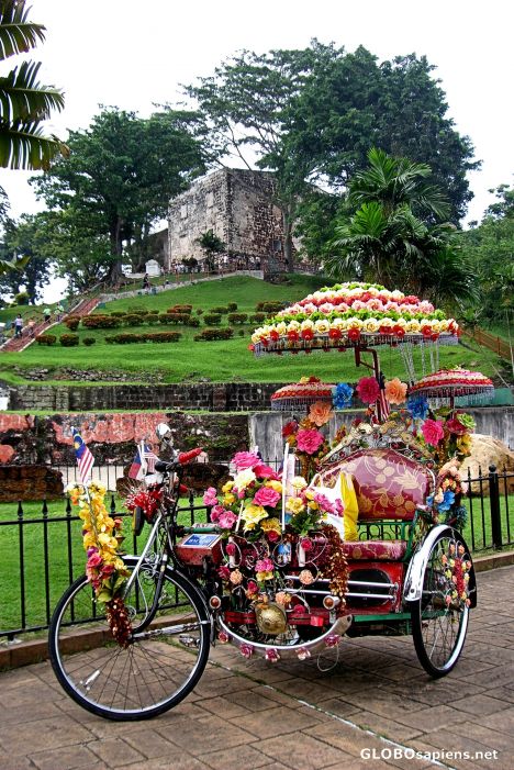 Postcard Decorated Pedal Cab Near Bukit St. Paul, Malacca