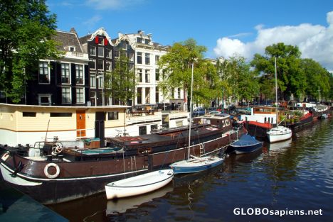 Postcard Amsterdam - boats in the canal