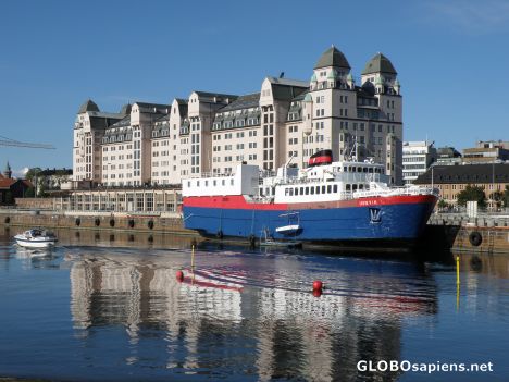 Postcard Sunny morning in old Oslo harbor
