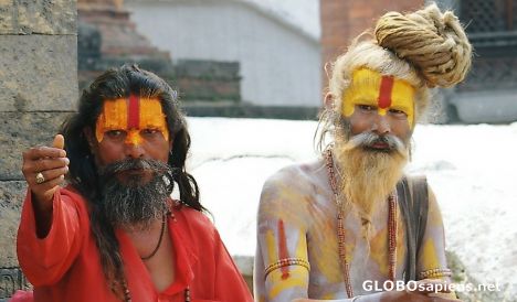 Postcard sadhus close to cremation ghat