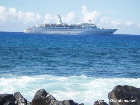 Postcard My ship Maxim Gorki seen from Pitcairn Island