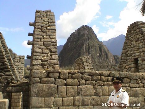 Postcard Huayna Picchu with security gua