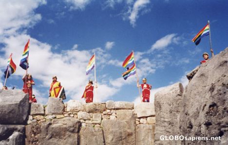 Postcard Inca warriors at the Sacsayhuaman.