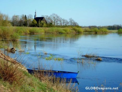 Small village, river Warta and Church