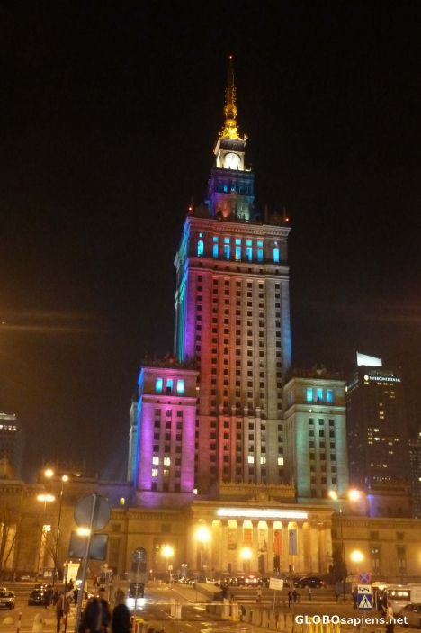 Postcard View in night on Palace of Culture and Science
