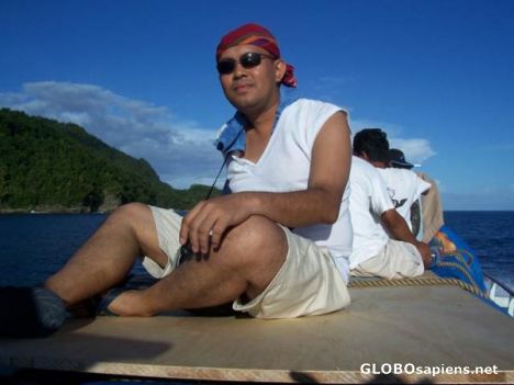 Postcard feeling great atop an outrigger boat to Socorro
