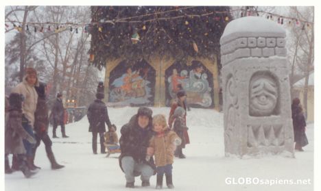 Postcard Little Russian girl in Christmas with her father