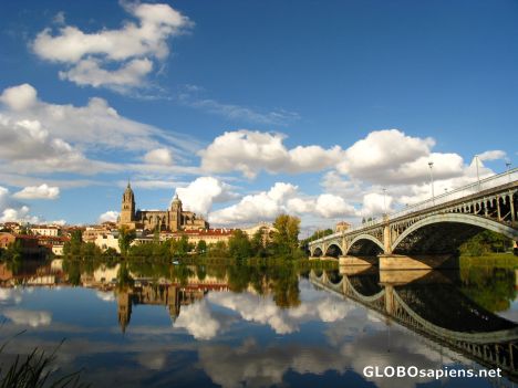 Postcard reflection of Salamanca's cathedrals