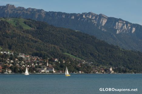 Postcard niederhorn range behind the lake