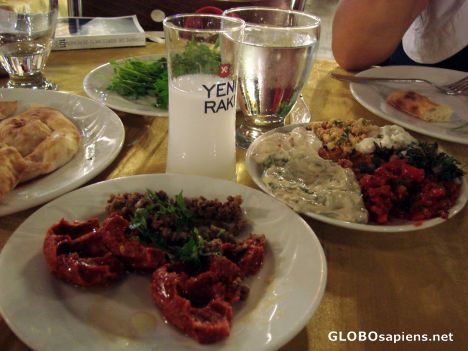 Postcard famous mezzes with Turkish Raki