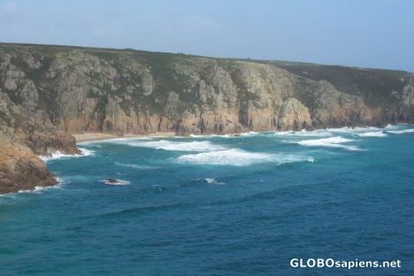 Postcard Porthcurno looking west