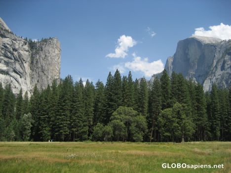 Postcard North Dome on left, Half Dome on Right
