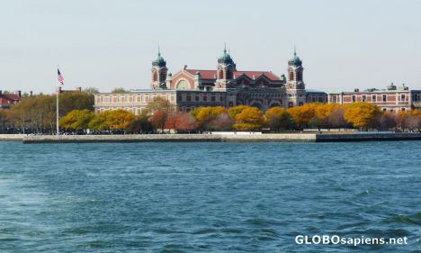 Postcard Autumn trees on Ellis Island
