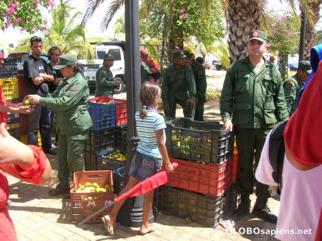 Postcard Soldiers giving fruits and water