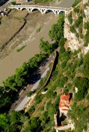 St Michael's Church perched on a cliff overlooking the river.