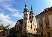 A very old church seen from the end of Krakow's oldest street, Kanonicza Street.