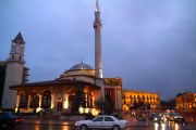 The Et'hem Bey Mosque at the Skanderbeg Square in the evening.